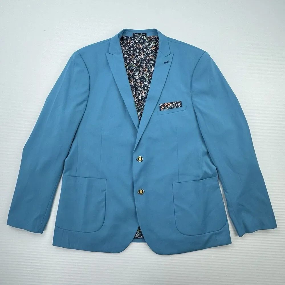 Paisley & Gray 48R Blue Sport Coat Blazer Floral Lining Elbow Patch Slim Fit